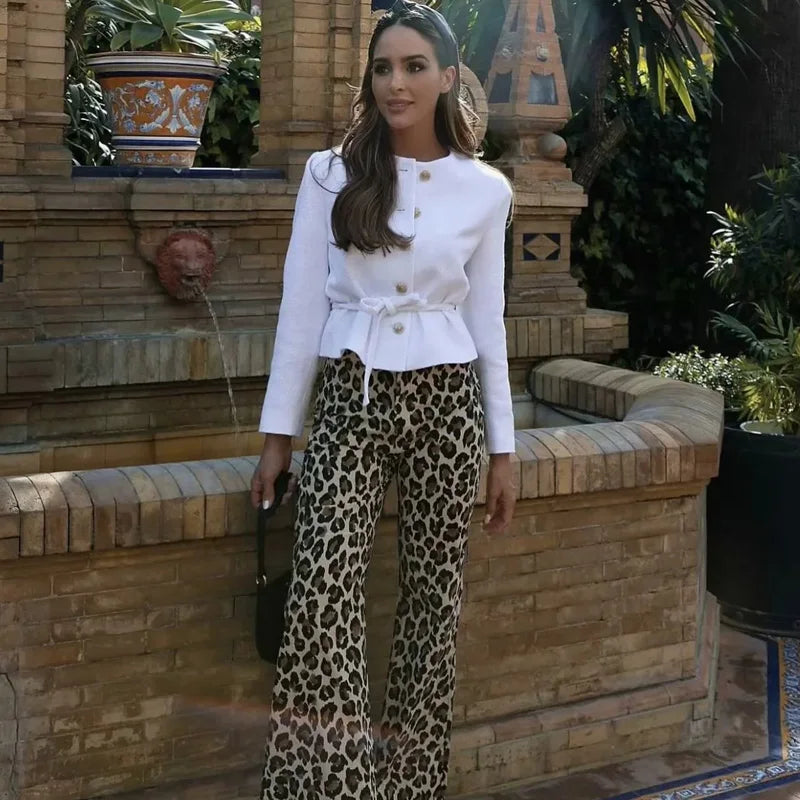 TRAF Vintage Leopard Pants Women High Waist Animal Print