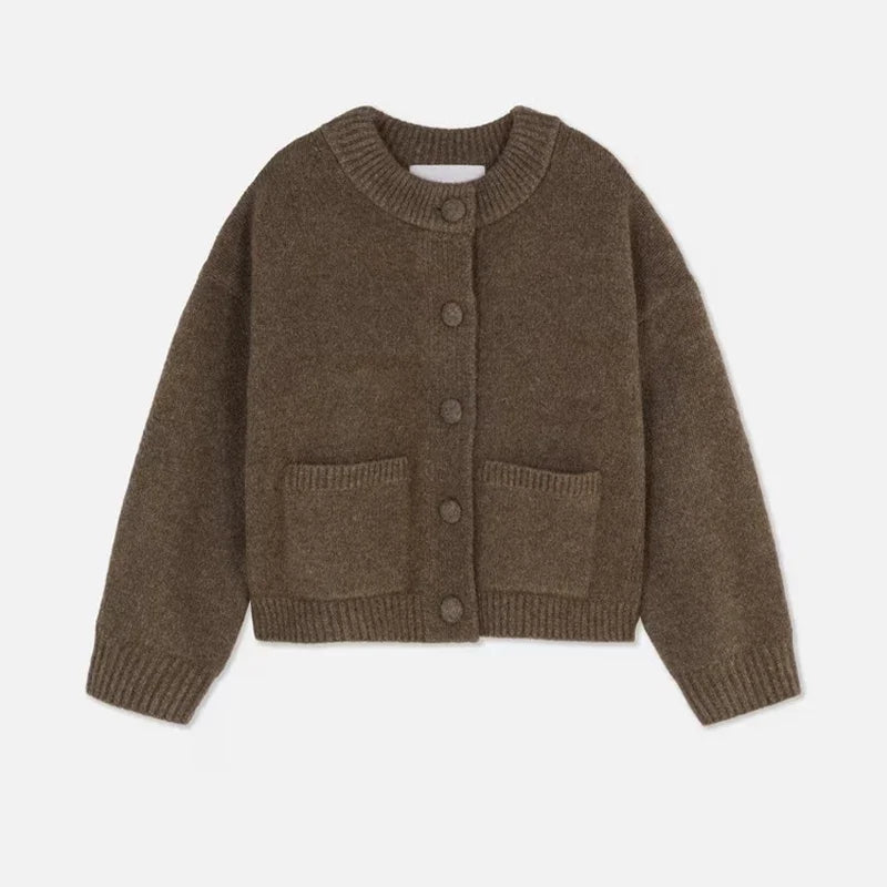 Elegant Knit Solid Lady Jacket 2025 Autumn Female Knitwear, Suéter Oversize con Bolsillos y Botones elegantes