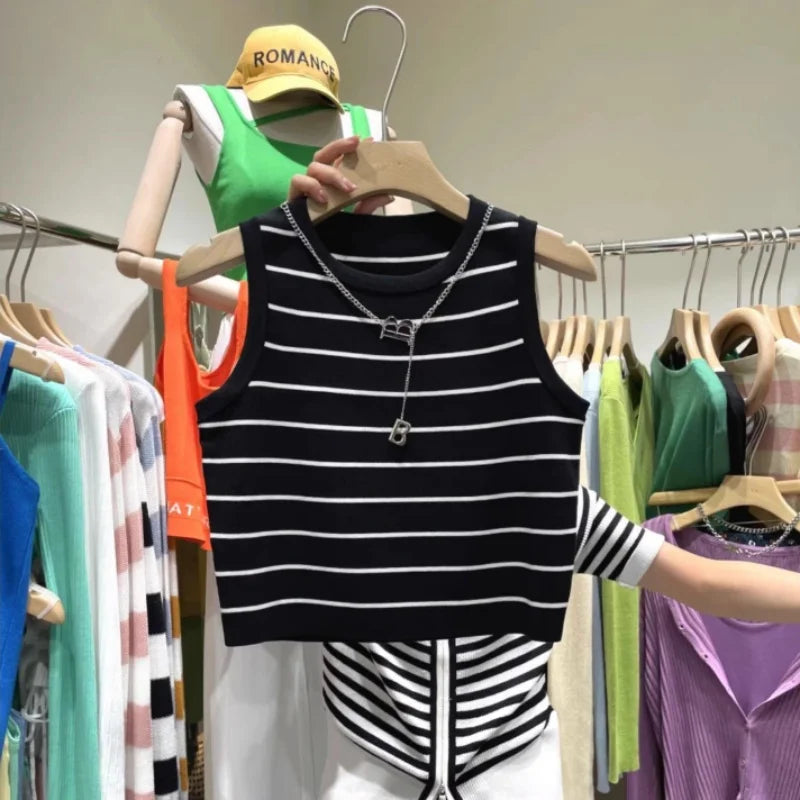 2025 New Striped Stretch Vest Basic Versatile Short Top Women's Clothing