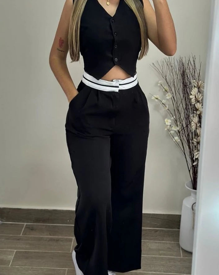 Elegant V-Neck Buttoned Vest Top & Pocket Design Pants Set Womens Two Piece Sets Outfit .Conjunto de 2 piezas pantalón y chaleco
