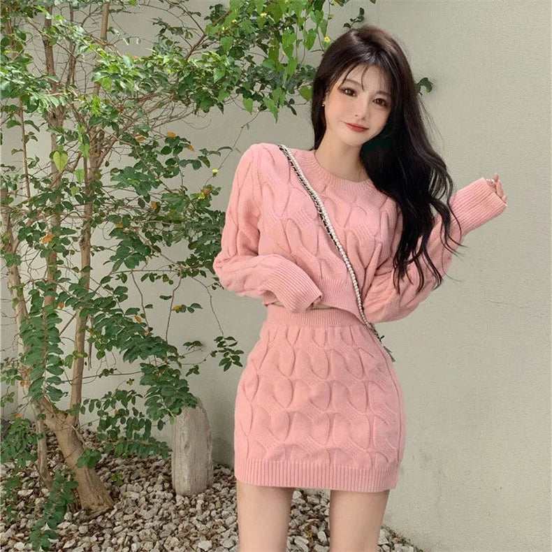 Women Two Piece Skirt Sets .Conjunto de punto de saya y suéter elegantes