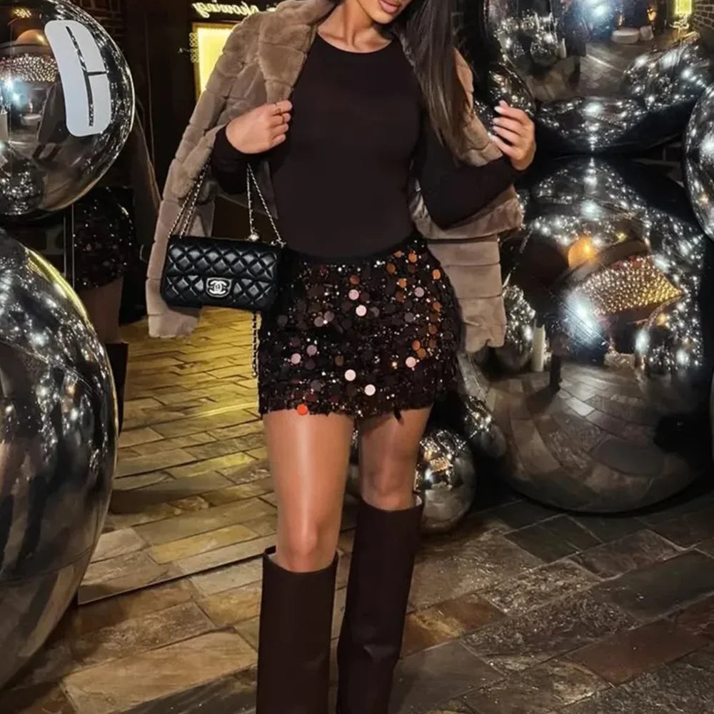 Sexy Brown Straight Chic Ladies Mini Skirts ,Saya de lentejuelas ,ideal para las fiestas y salidas navideñas