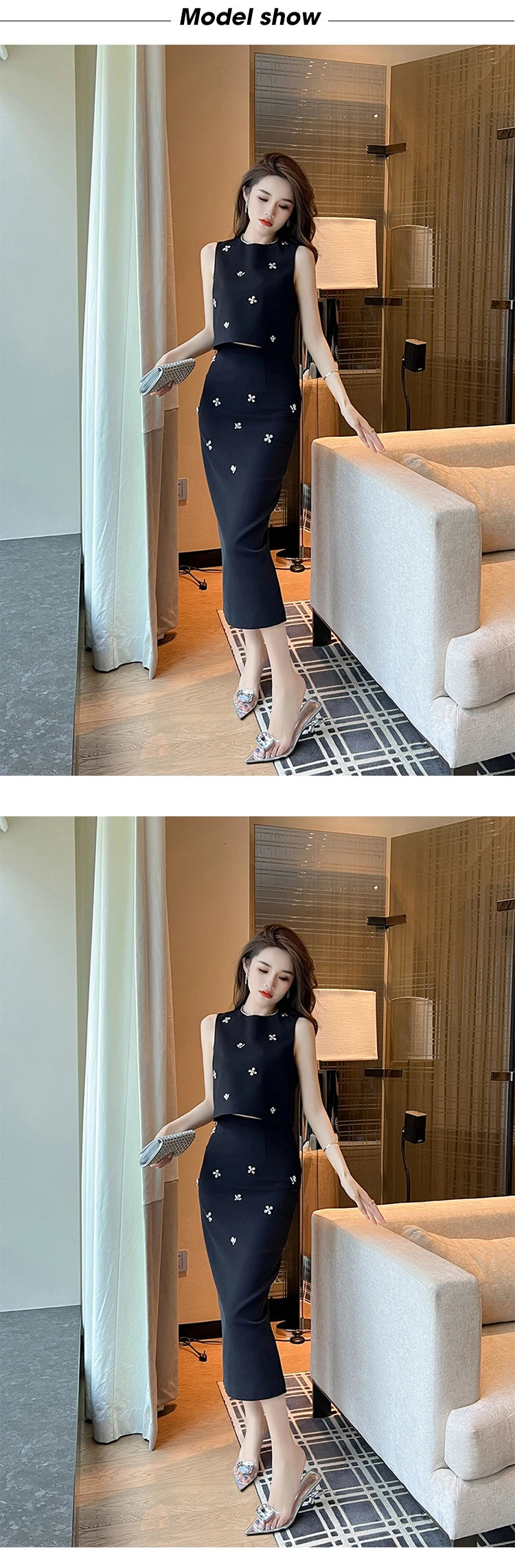 Elegant Fashionable 2 Pieces Outfits Women,Vestido de mujer elegante con incrustaciones de piedras