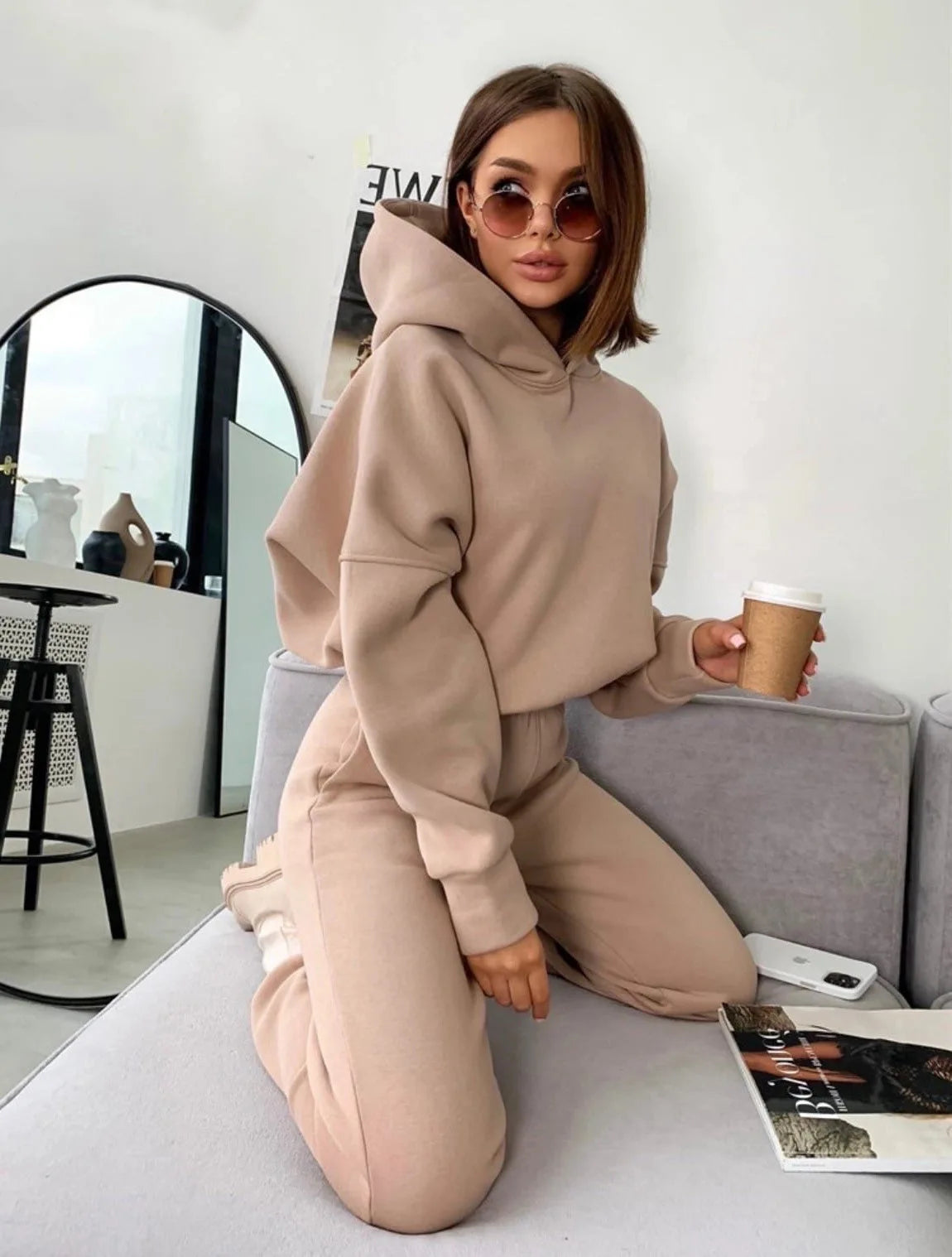 Pullover Hooded Tracksuit Women Two Pieces Pant Sets Sweatshirts Pockets Pants Suit Thick Elastic Waist Spliced Sporty Autumn