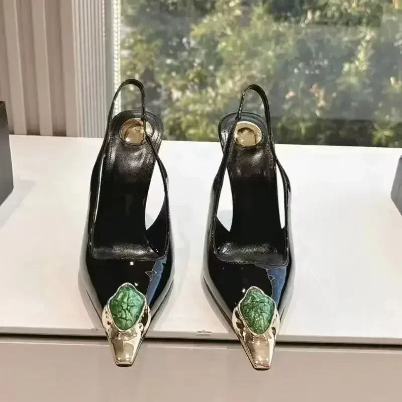 Zapatos de tacón elegantes para mujer con detalles metálicos  Luxury Metal Jewel Decoration Heels Women 2025