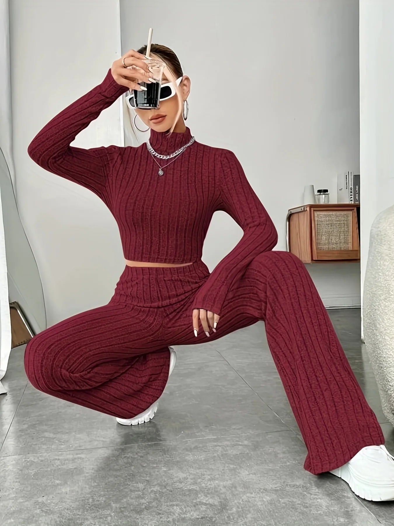 Women's Solid Color Knit Suit Spring Summer Stand Collar Striped Long Sleeve Pullover Top And Pants Streetwear Two Piece Set