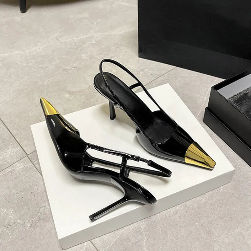 Gold Black Sandals Metal Square Toe Stiletto
