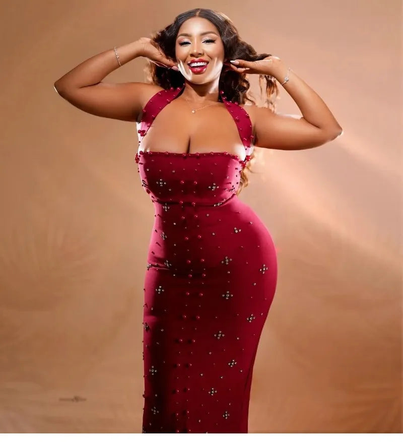 Elegant Party Evening Dresses ,Vestido Elegante de Navidad para mujer con volantes y adornos de strass