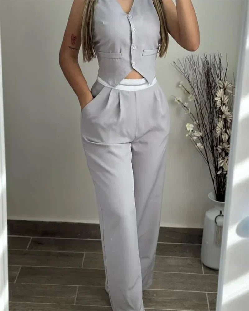 Elegant V-Neck Buttoned Vest Top & Pocket Design Pants Set Womens Two Piece Sets Outfit .Conjunto de 2 piezas pantalón y chaleco