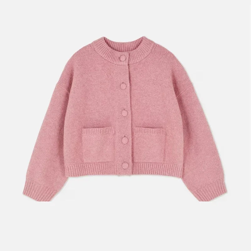 Elegant Knit Solid Lady Jacket 2025 Autumn Female Knitwear, Suéter Oversize con Bolsillos y Botones elegantes