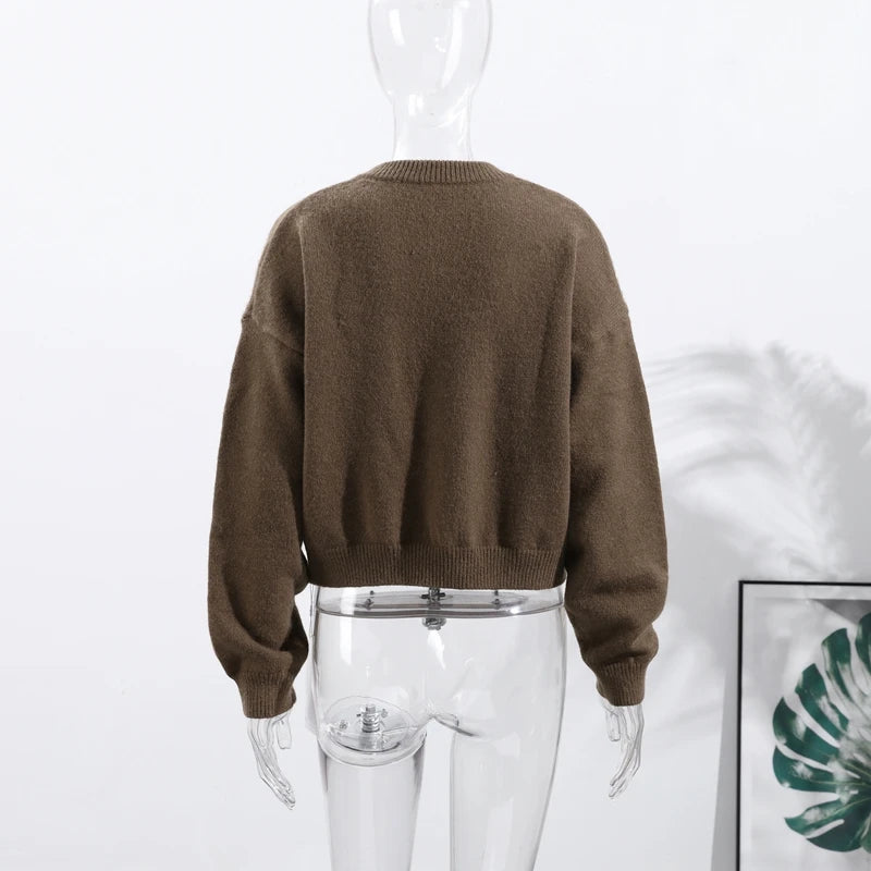 Elegant Knit Solid Lady Jacket 2025 Autumn Female Knitwear, Suéter Oversize con Bolsillos y Botones elegantes