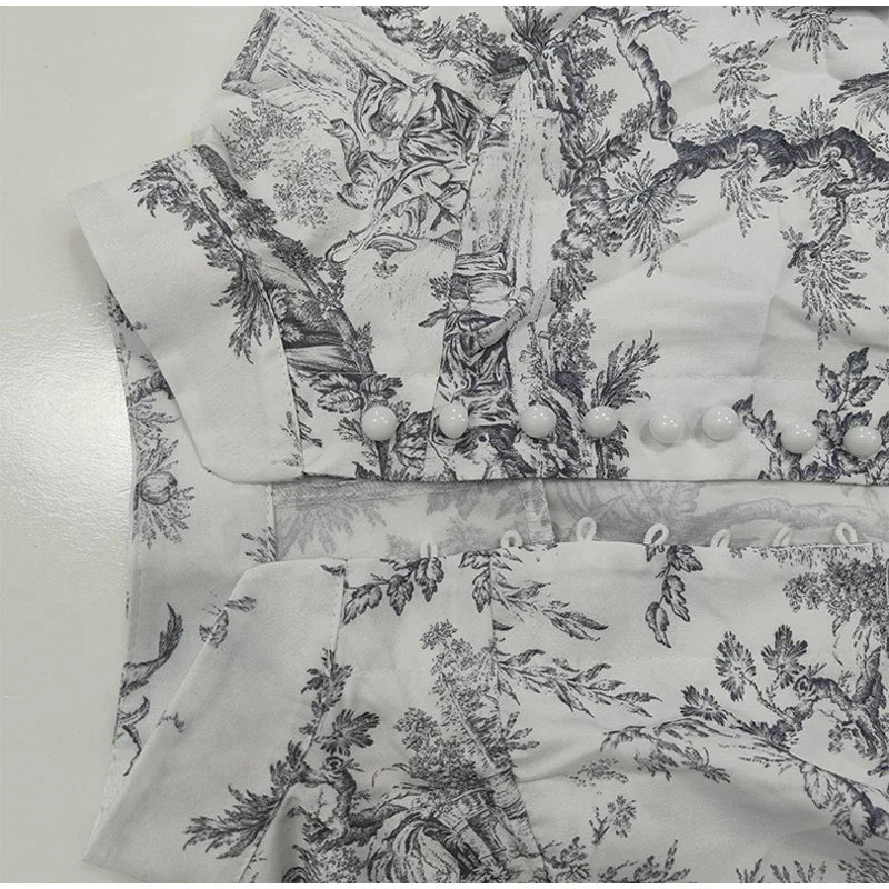 Printed Pearl Single Breasted Belts Pleated Dress . Vestido casual ,elegante y romántico