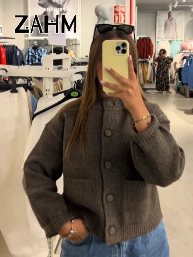 Elegant Knit Solid Lady Jacket 2025 Autumn Female Knitwear, Suéter Oversize con Bolsillos y Botones elegantes