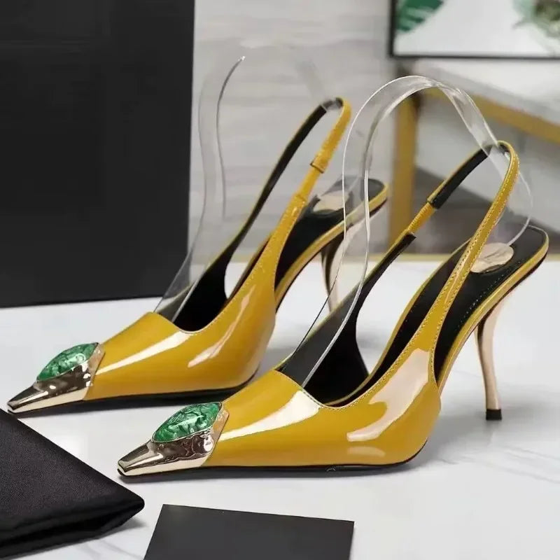 Zapatos de tacón elegantes para mujer con detalles metálicos  Luxury Metal Jewel Decoration Heels Women 2025