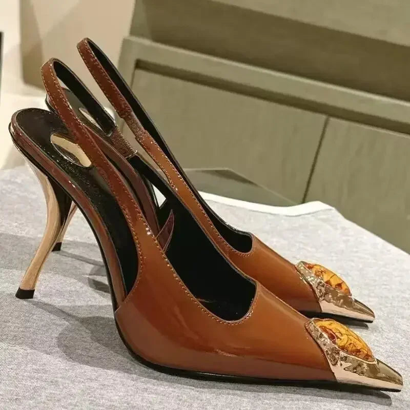 Zapatos de tacón elegantes para mujer con detalles metálicos  Luxury Metal Jewel Decoration Heels Women 2025