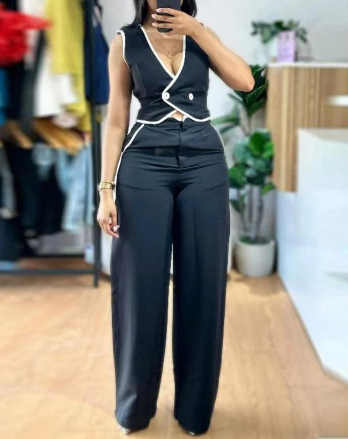 Elegant V-Neck Buttoned Vest Top & Pocket Design Pants Set Womens Two Piece Sets Outfit .Conjunto de 2 piezas pantalón y chaleco