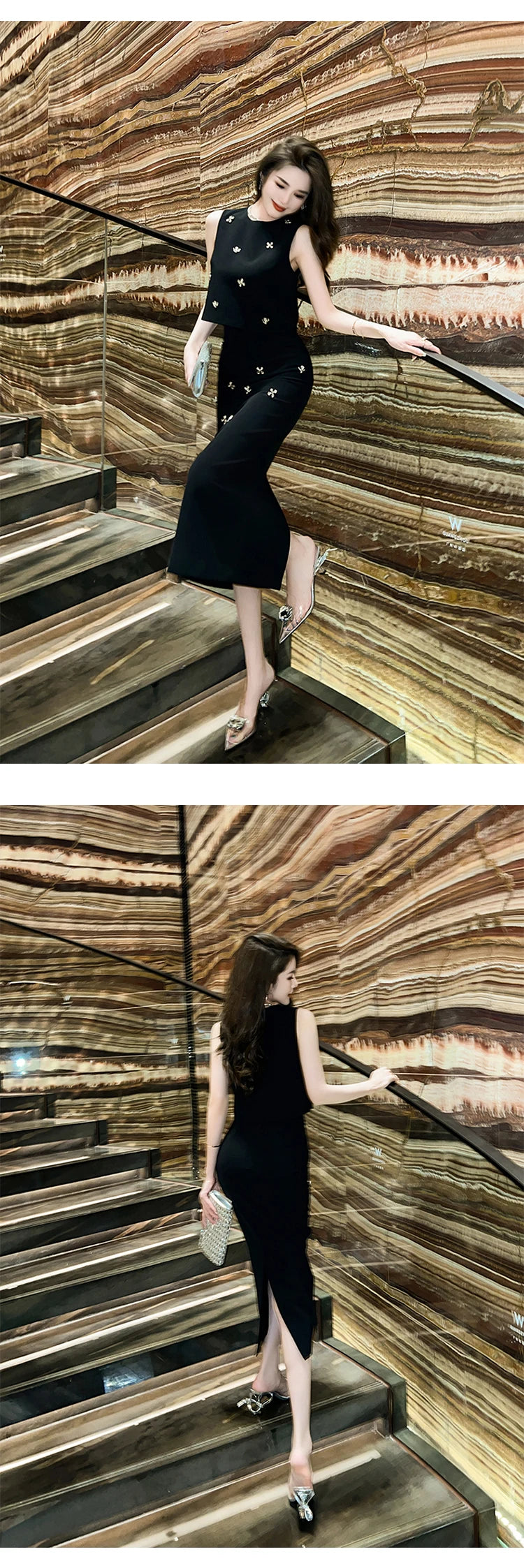 Elegant Fashionable 2 Pieces Outfits Women,Vestido de mujer elegante con incrustaciones de piedras