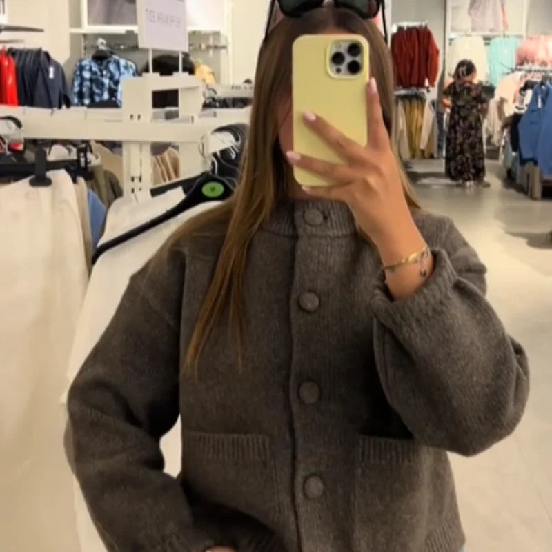 Elegant Knit Solid Lady Jacket 2025 Autumn Female Knitwear, Suéter Oversize con Bolsillos y Botones elegantes