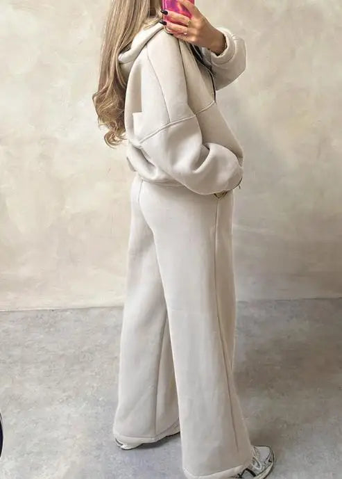 Solid Color Round Neck Zipper Front Loose Jacket and Lace Up High Waisted Straight Leg Pants Set, Autumn Women's Sports Set