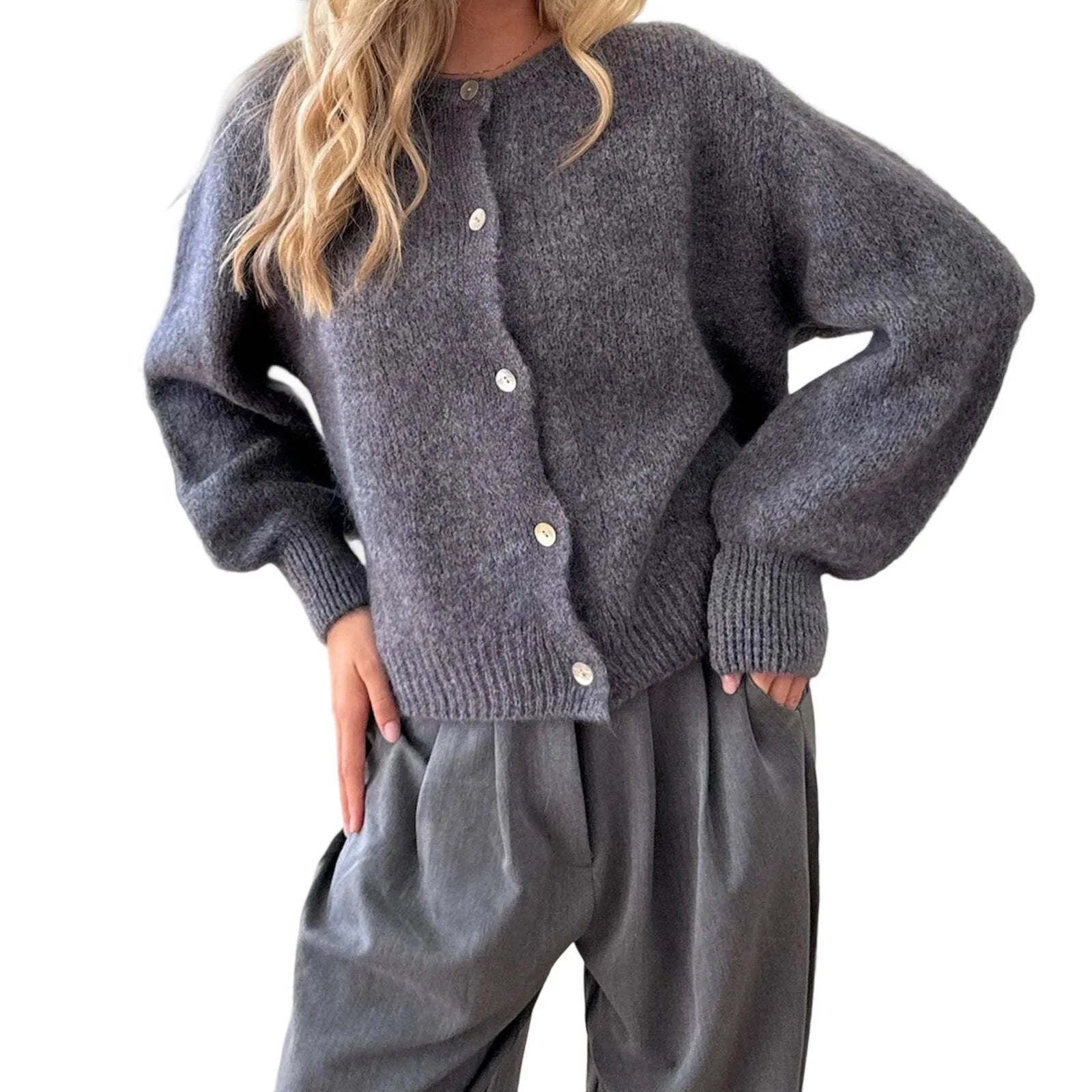 Women Autumn y2k Vintage Crew Neck Knitted Cardigan Basic. Cardigan Peludito para Mujer – Suéter Knit Suave