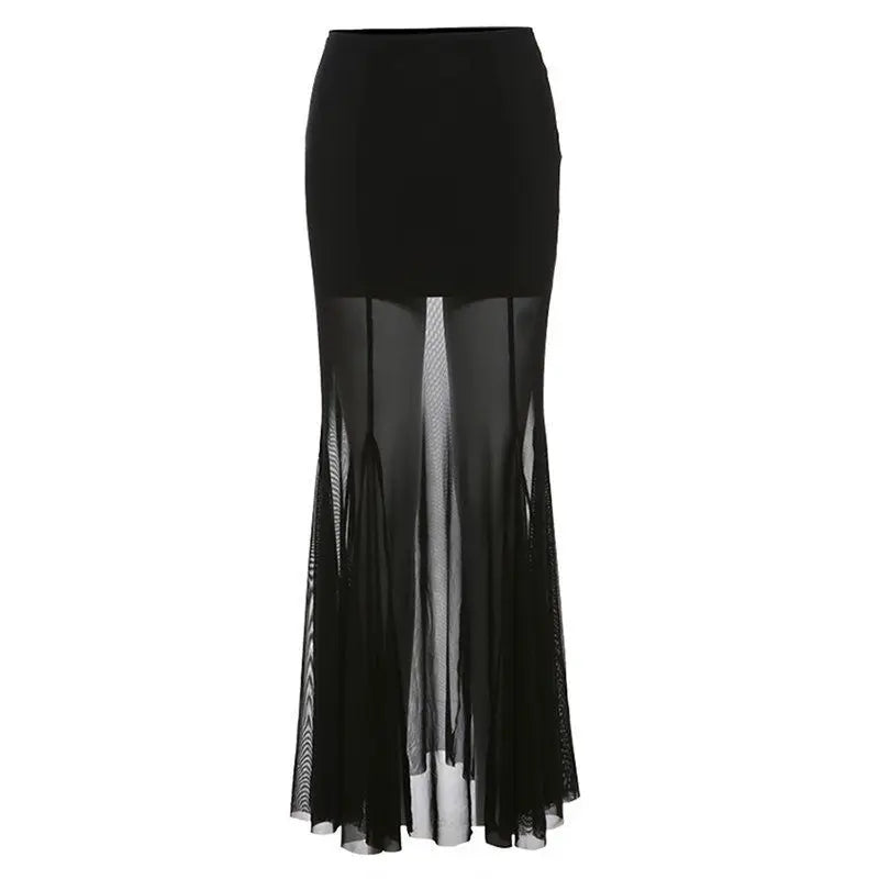 Ele Bla Asymmetrical  Skirt Women's Sexy High Waist Bodycon Tulle Fi Tail Long Skirt .Falda larga con transparencia ,elegante