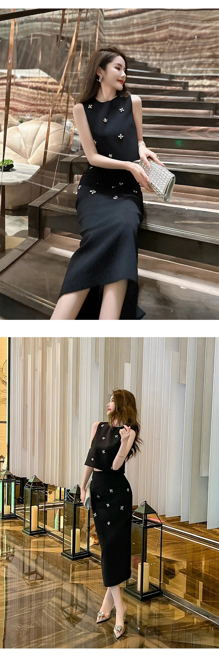 Elegant Fashionable 2 Pieces Outfits Women,Vestido de mujer elegante con incrustaciones de piedras