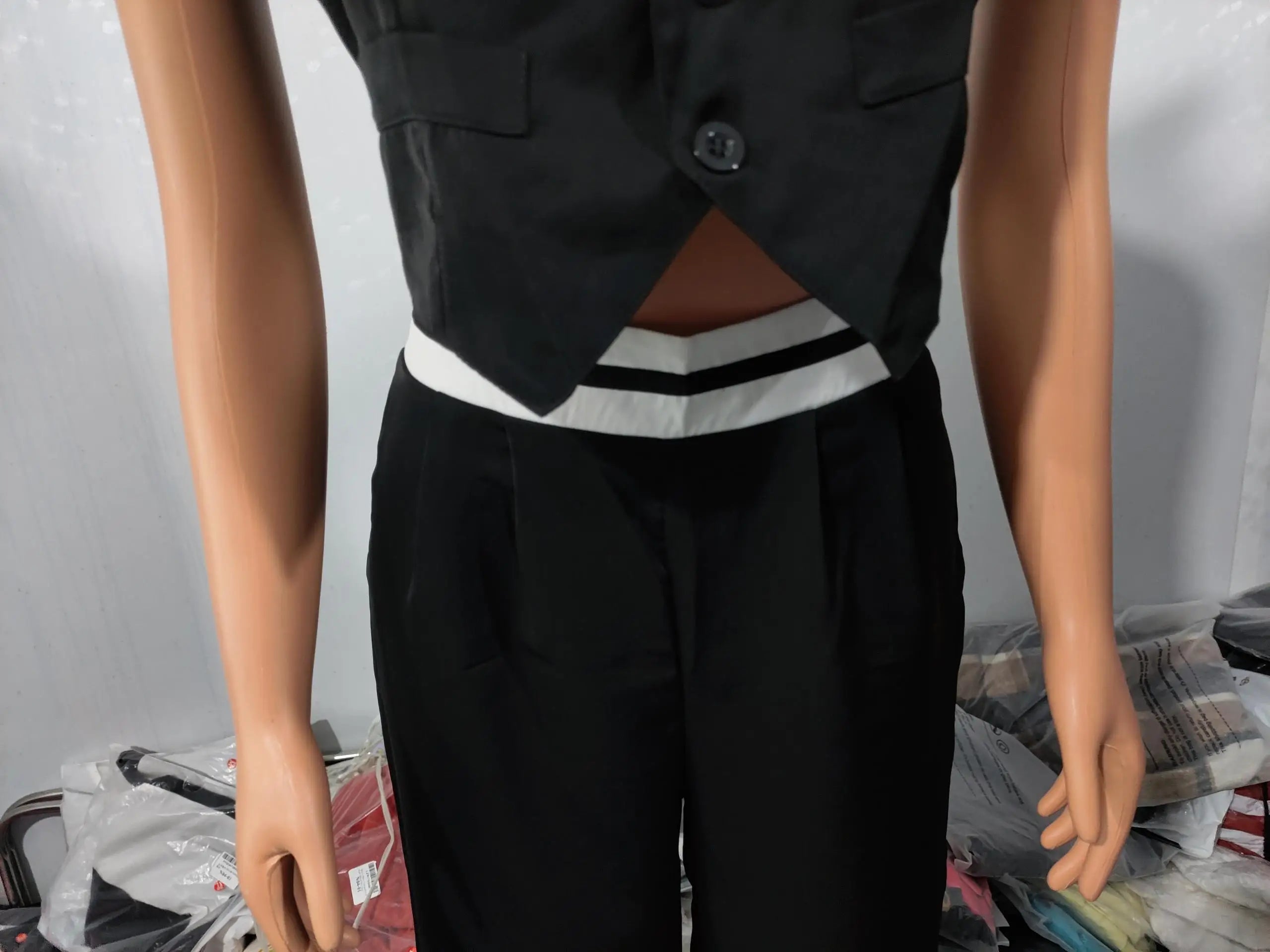 Elegant V-Neck Buttoned Vest Top & Pocket Design Pants Set Womens Two Piece Sets Outfit .Conjunto de 2 piezas pantalón y chaleco