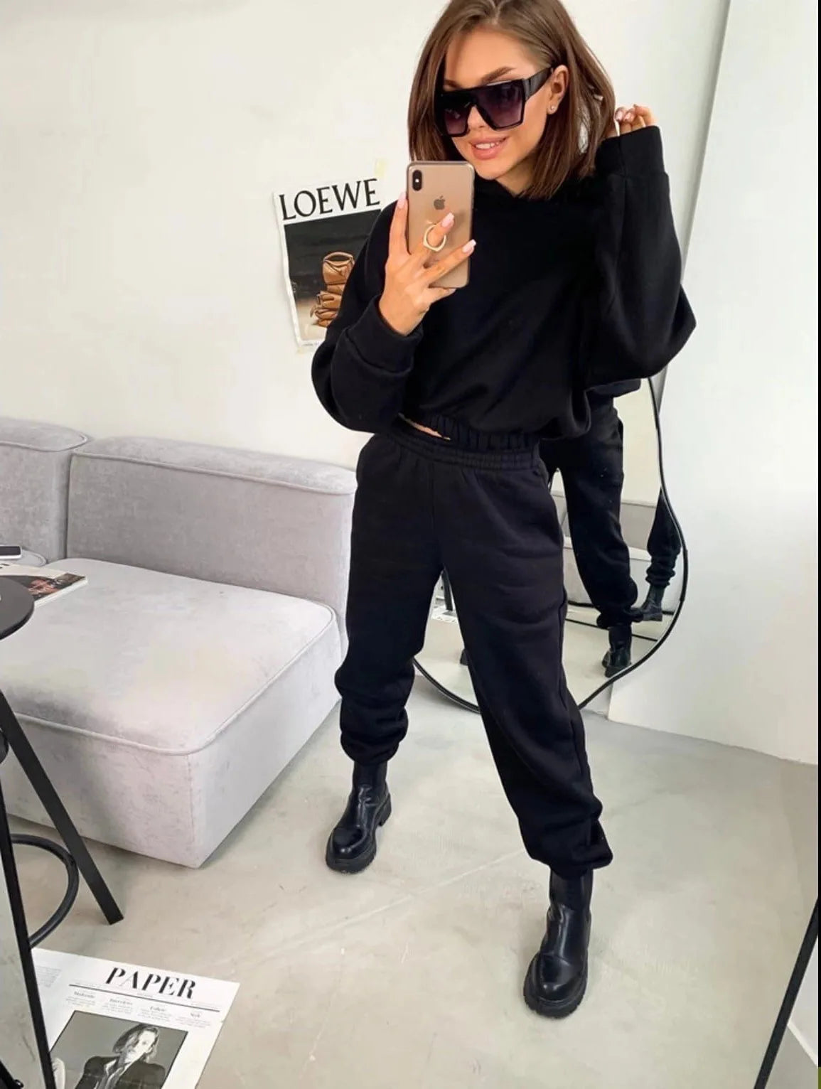 Pullover Hooded Tracksuit Women Two Pieces Pant Sets Sweatshirts Pockets Pants Suit Thick Elastic Waist Spliced Sporty Autumn