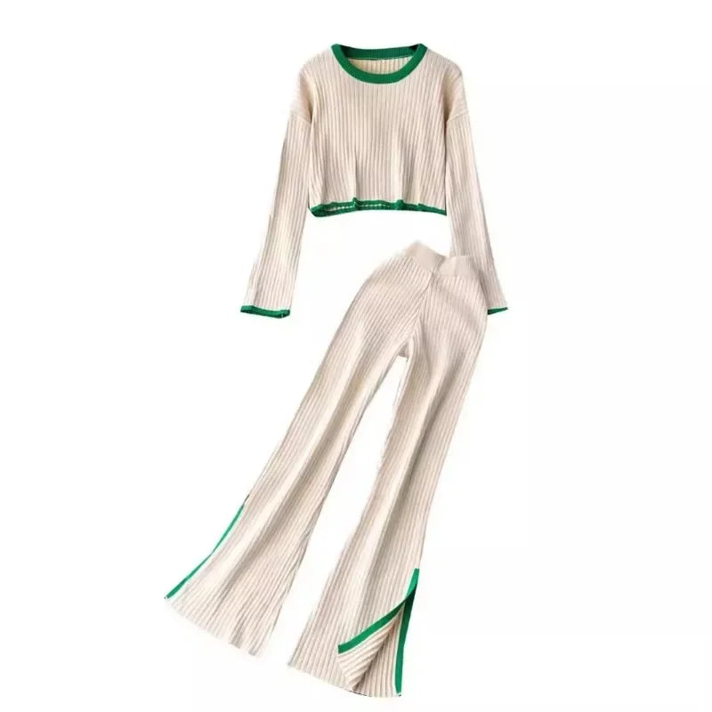 Autumn Winter 2 Pieces Women's Oufit Sets Knitted Tracksuit O-Neck Sweater and Wide Leg Jogging Pants Female Suits