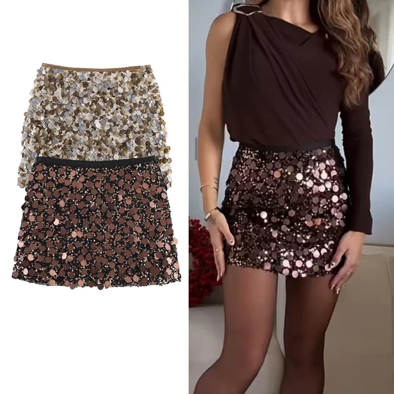 Women Sexy Sequined Mini Skirts Solid Color Fashion Side Zipper High Waist Ladies Chic Casual Street Skirts