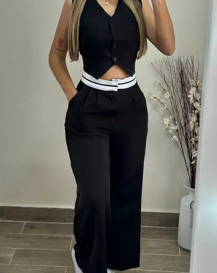 Elegant V-Neck Buttoned Vest Top & Pocket Design Pants Set Womens Two Piece Sets Outfit .Conjunto de 2 piezas pantalón y chaleco