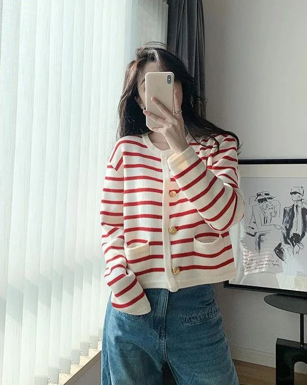 Women Stripe Knitted Cardigans Spring