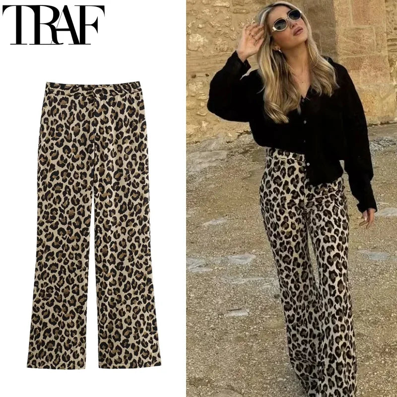 TRAF Vintage Leopard Pants Women High Waist Animal Print