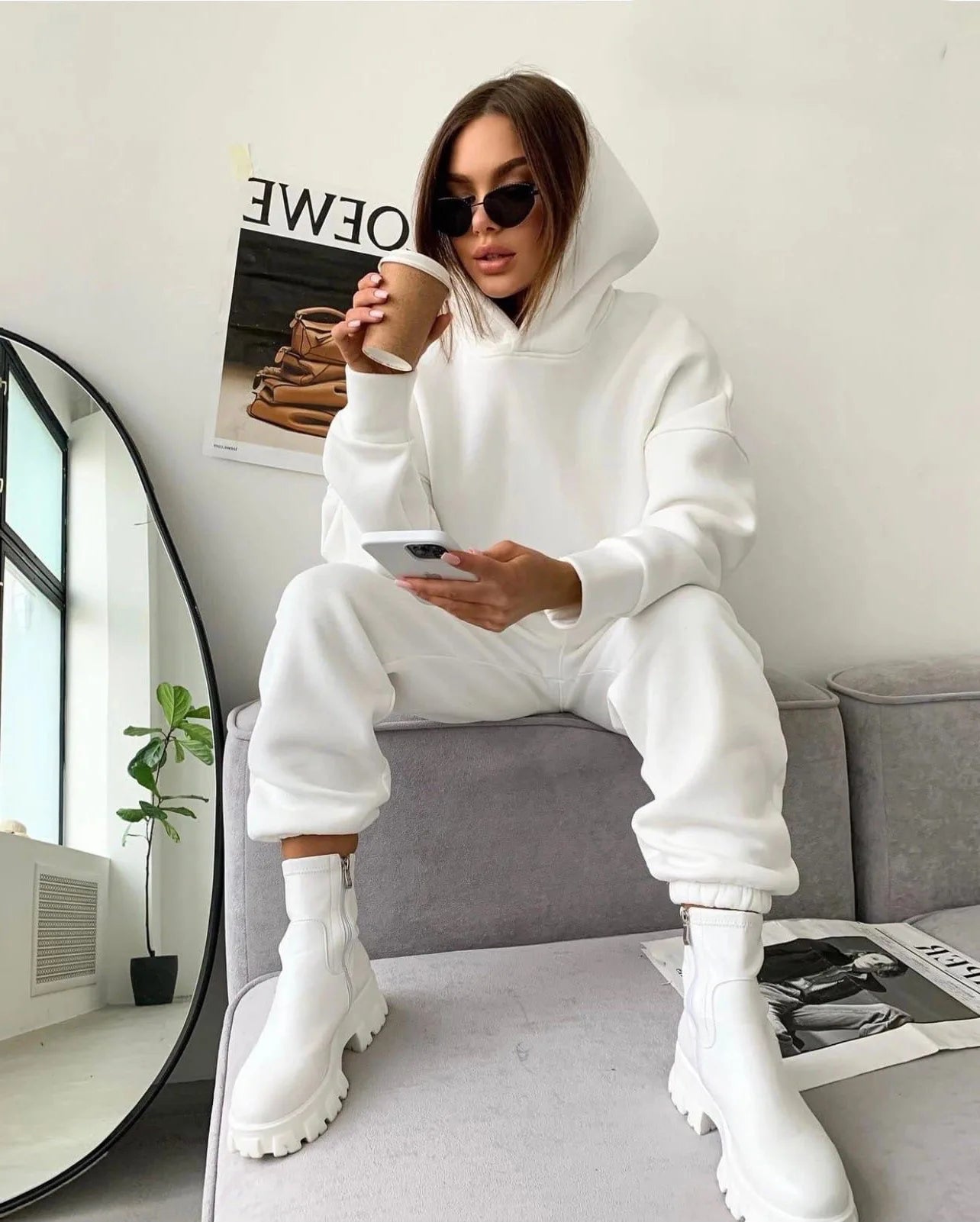 Pullover Hooded Tracksuit Women Two Pieces Pant Sets Sweatshirts Pockets Pants Suit Thick Elastic Waist Spliced Sporty Autumn