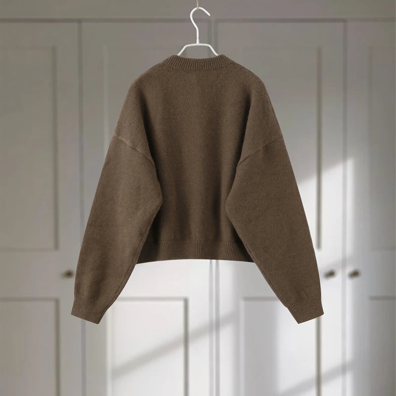 Elegant Knit Solid Lady Jacket 2025 Autumn Female Knitwear, Suéter Oversize con Bolsillos y Botones elegantes