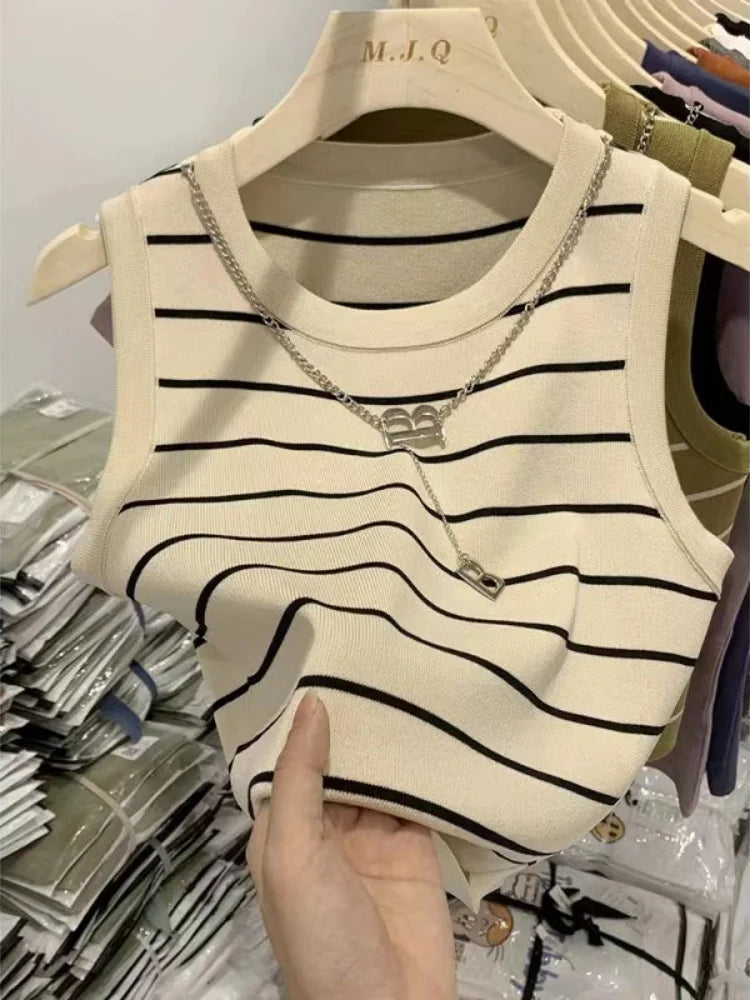 2025 New Striped Stretch Vest Basic Versatile Short Top Women's Clothing