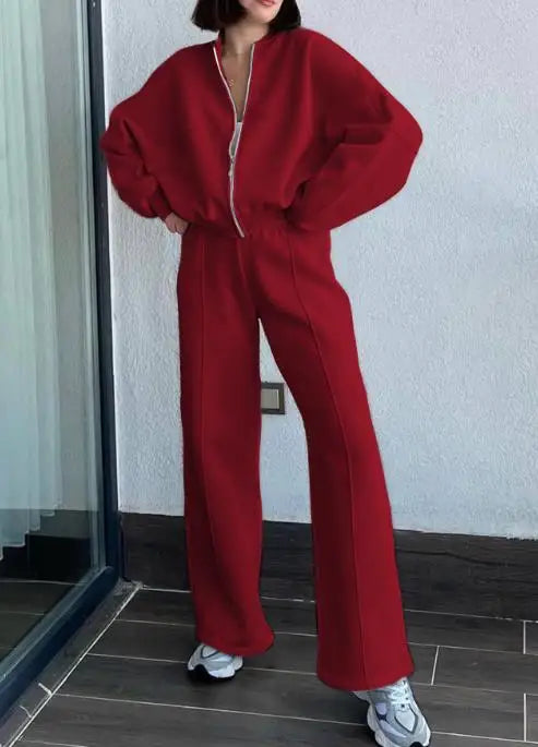 Solid Color Round Neck Zipper Front Loose Jacket and Lace Up High Waisted Straight Leg Pants Set, Autumn Women's Sports Set