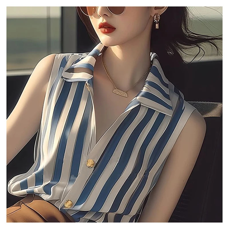 Fashion Lapel Button Printed Sleeveless Striped Shirt Women's