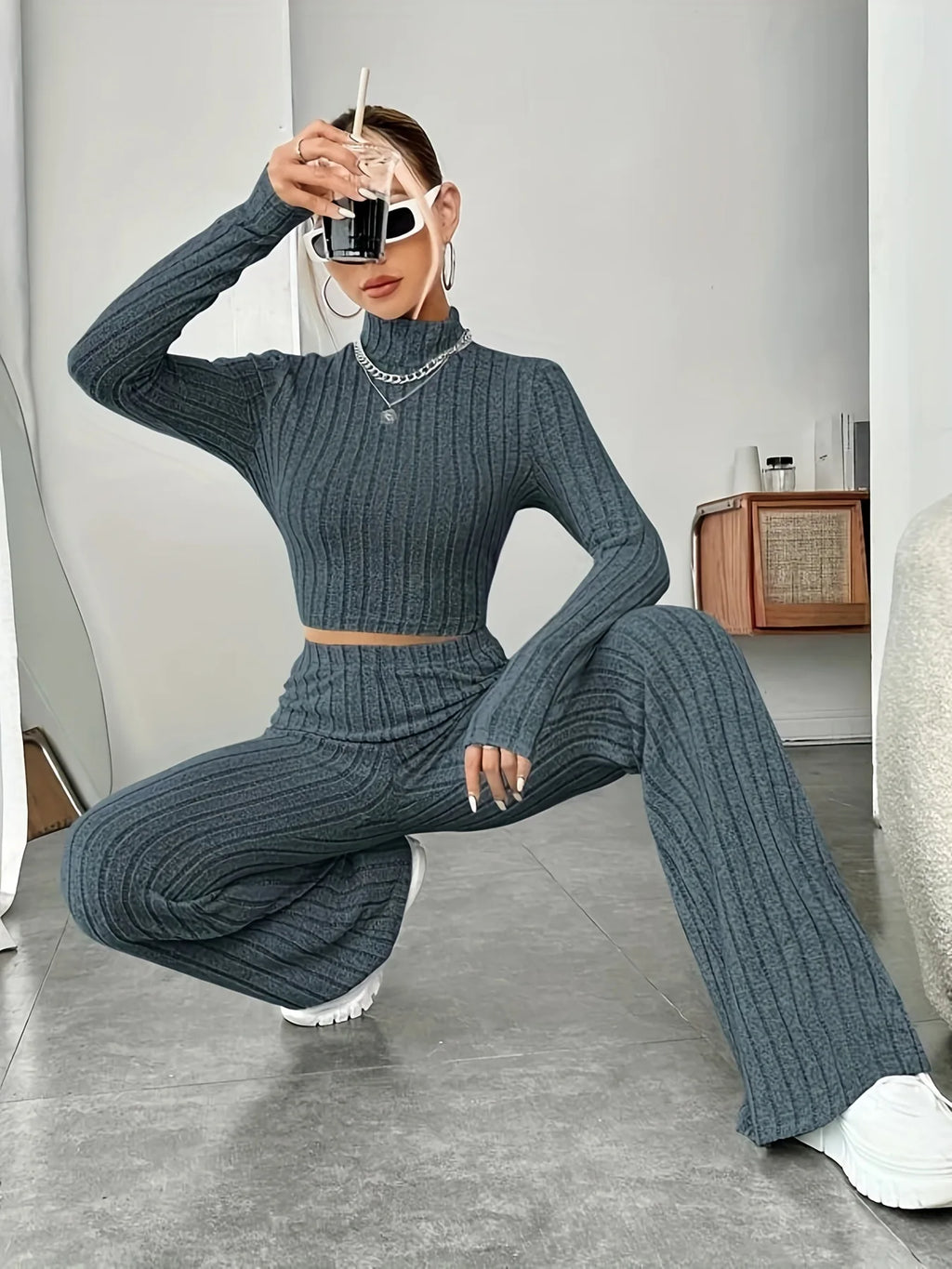 Women's Solid Color Knit Suit Spring Summer Stand Collar Striped Long Sleeve Pullover Top And Pants Streetwear Two Piece Set