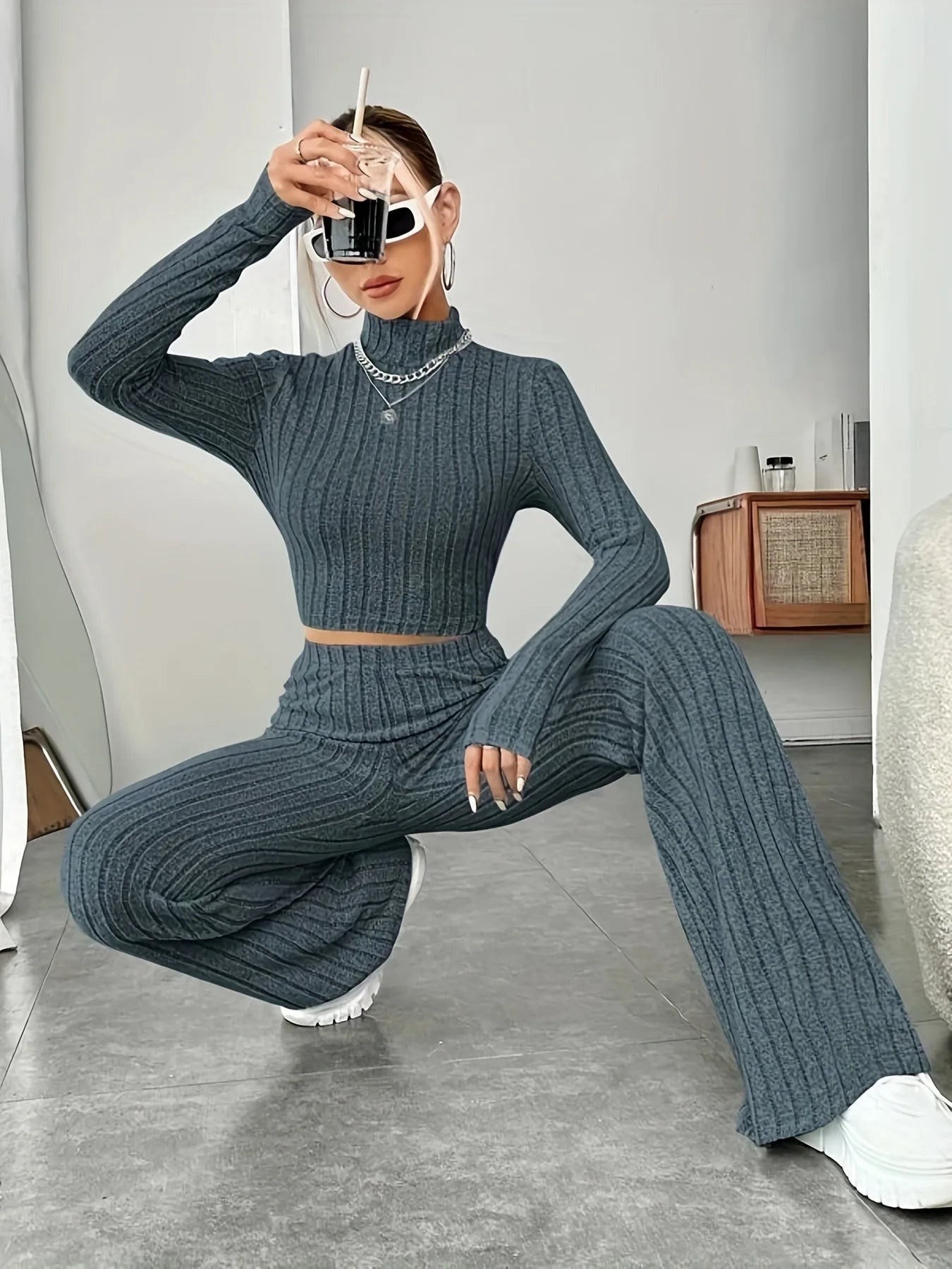 Women's Solid Color Knit Suit Spring Summer Stand Collar Striped Long Sleeve Pullover Top And Pants Streetwear Two Piece Set
