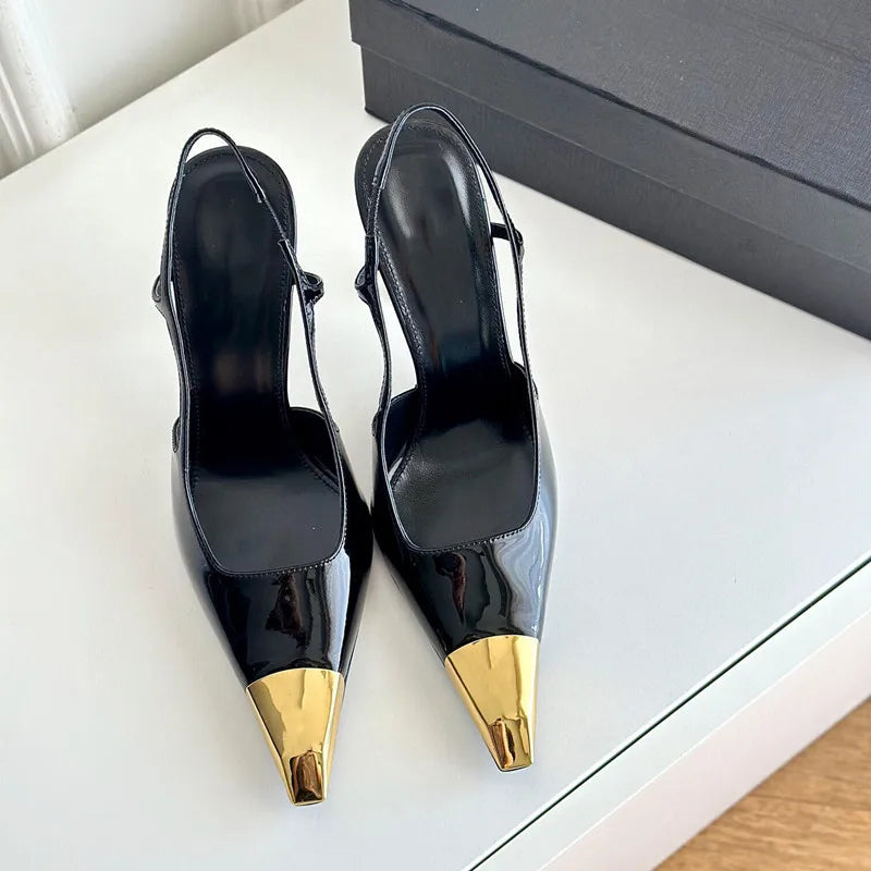 Gold Black Sandals Metal Square Toe Stiletto