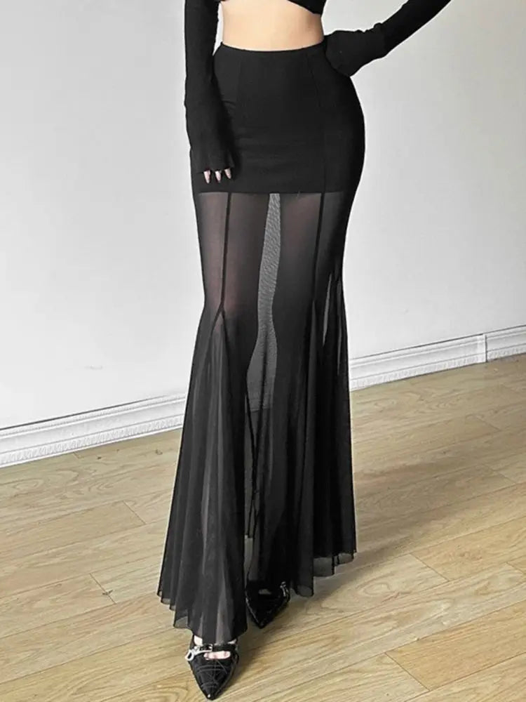 Ele Bla Asymmetrical  Skirt Women's Sexy High Waist Bodycon Tulle Fi Tail Long Skirt .Falda larga con transparencia ,elegante