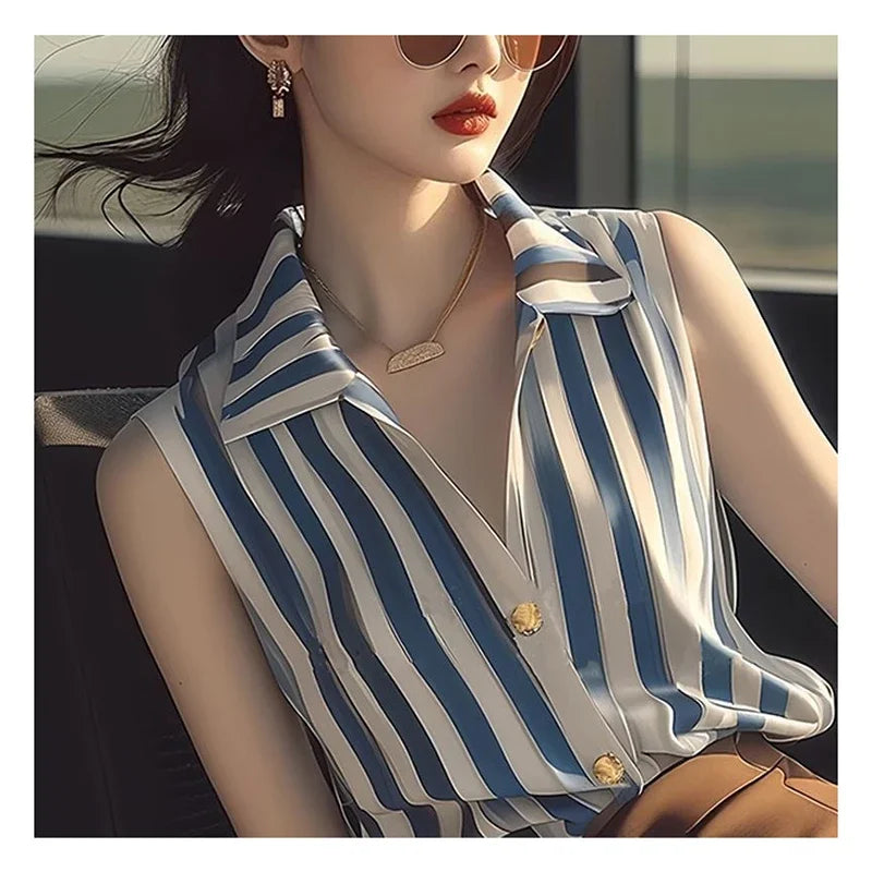 Fashion Lapel Button Printed Sleeveless Striped Shirt Women's