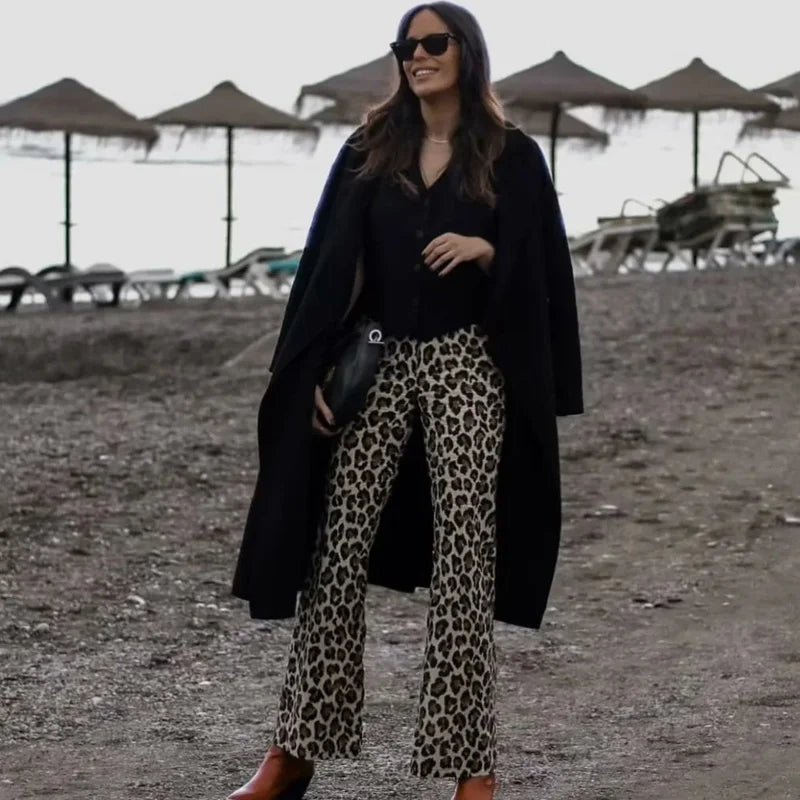 TRAF Vintage Leopard Pants Women High Waist Animal Print