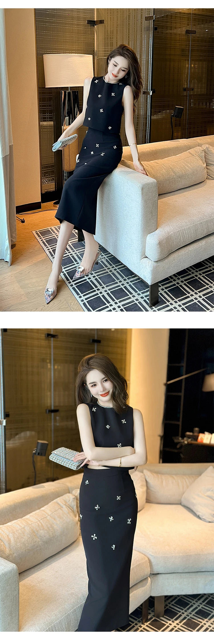 Elegant Fashionable 2 Pieces Outfits Women,Vestido de mujer elegante con incrustaciones de piedras