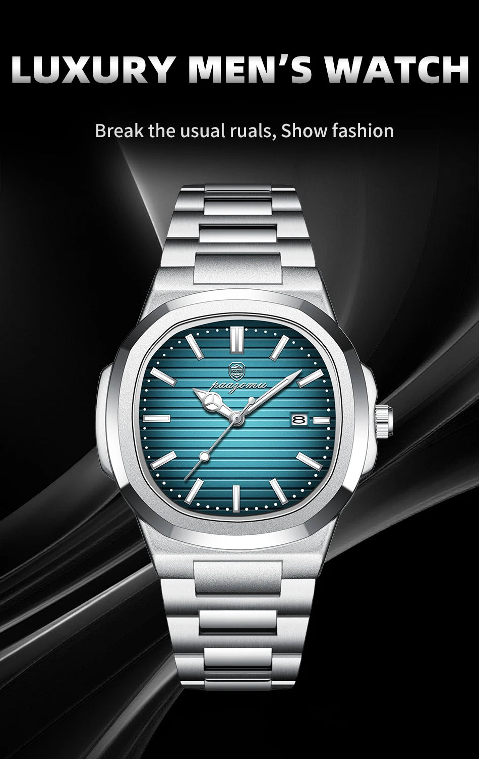 PAAZOMU Luxury Watch Stainless Steel Square