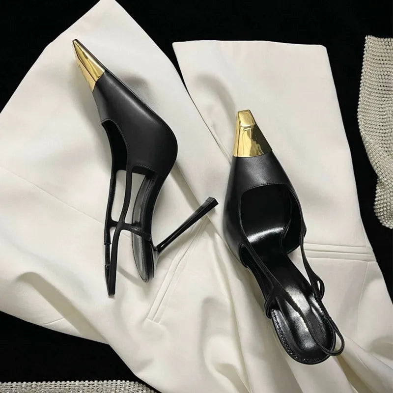 Gold Black Sandals Metal Square Toe Stiletto