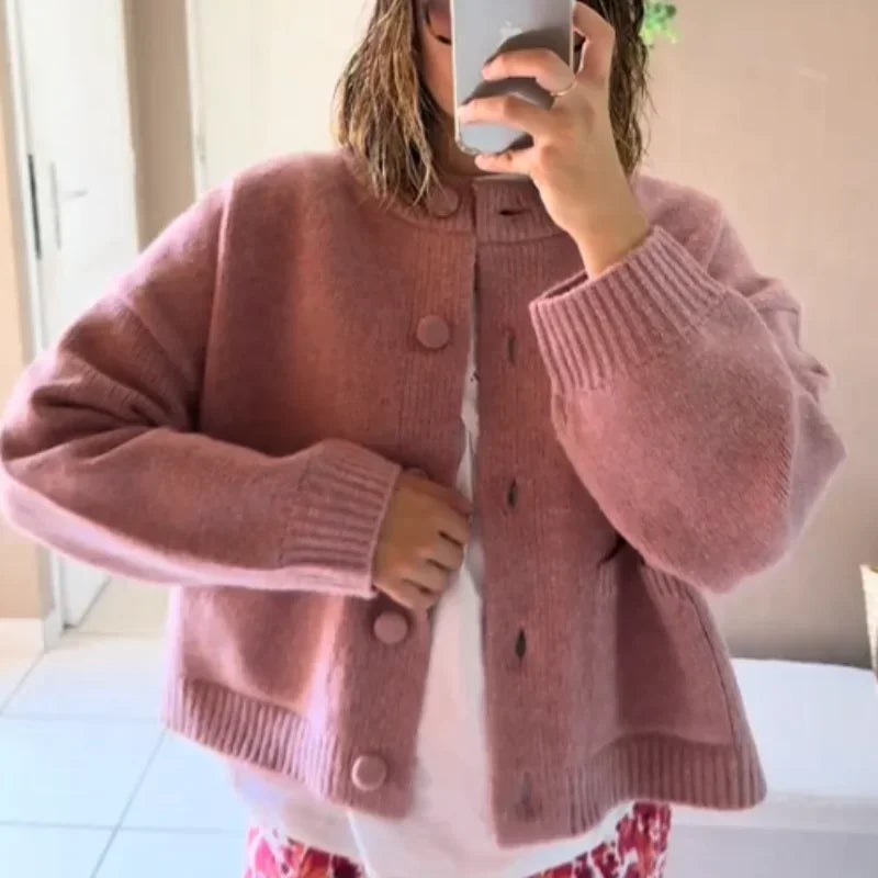 Elegant Knit Solid Lady Jacket 2025 Autumn Female Knitwear, Suéter Oversize con Bolsillos y Botones elegantes