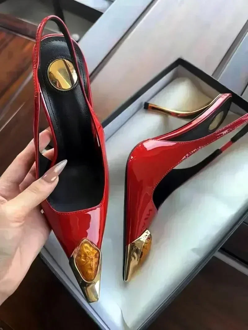 Zapatos de tacón elegantes para mujer con detalles metálicos  Luxury Metal Jewel Decoration Heels Women 2025