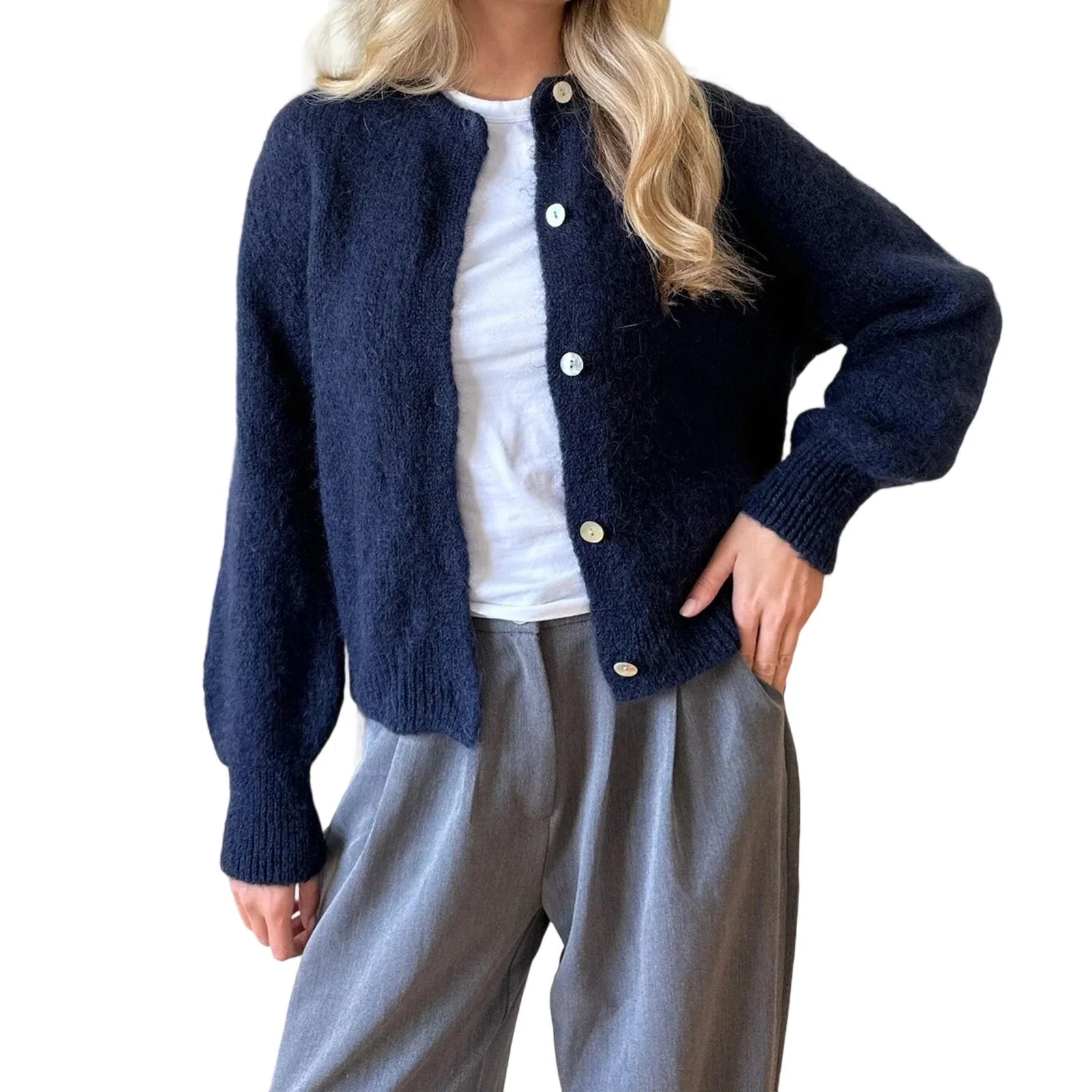 Women Autumn y2k Vintage Crew Neck Knitted Cardigan Basic. Cardigan Peludito para Mujer – Suéter Knit Suave